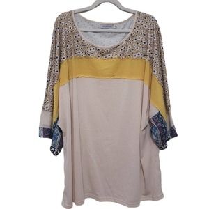 Misslook Floral Patterned Beige and Yellow Round Neck Top